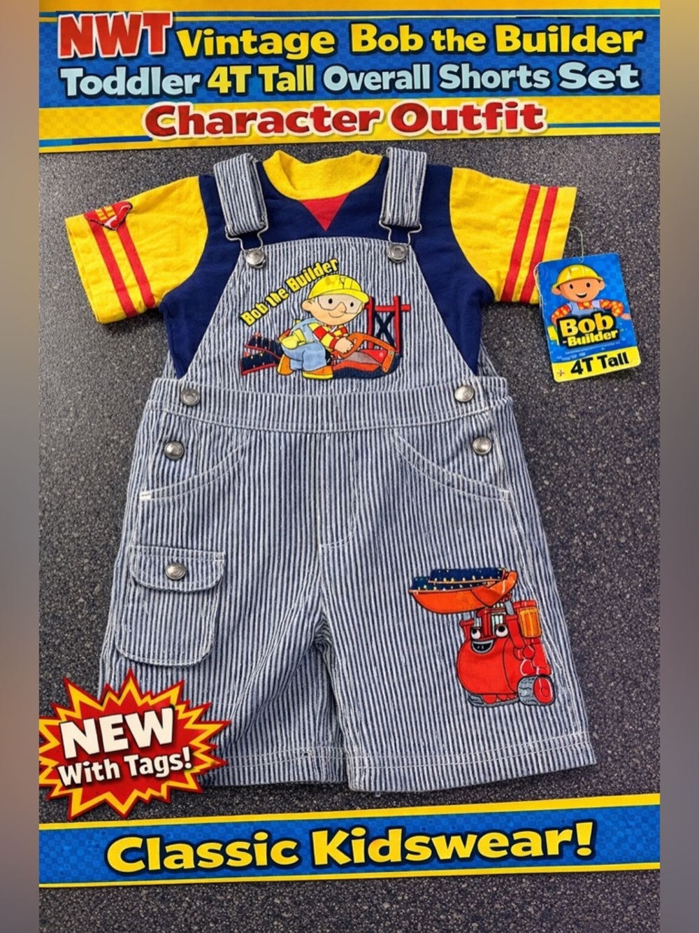 Vintage Bob the Builder Overall Shorts Set 4T Tall Striped denim overalls NWT!